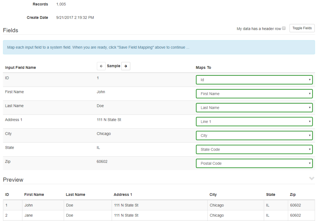 data with added headers