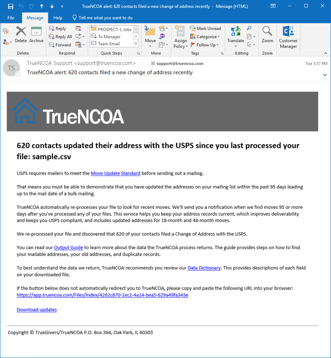 TrueNCOA update email with no purchase